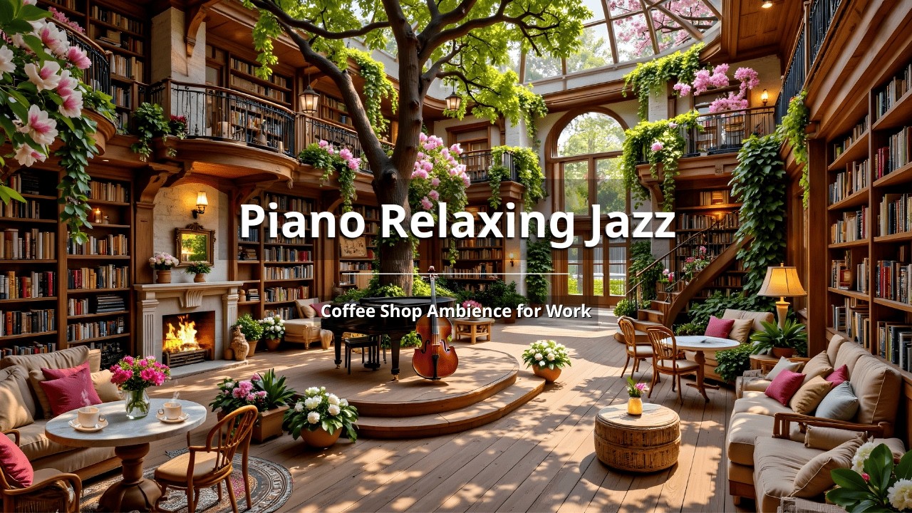 NO ADS | Spring Library Coffee Shop Jazz🌿Smooth Piano & Relaxing Instrumental Music for Productivity