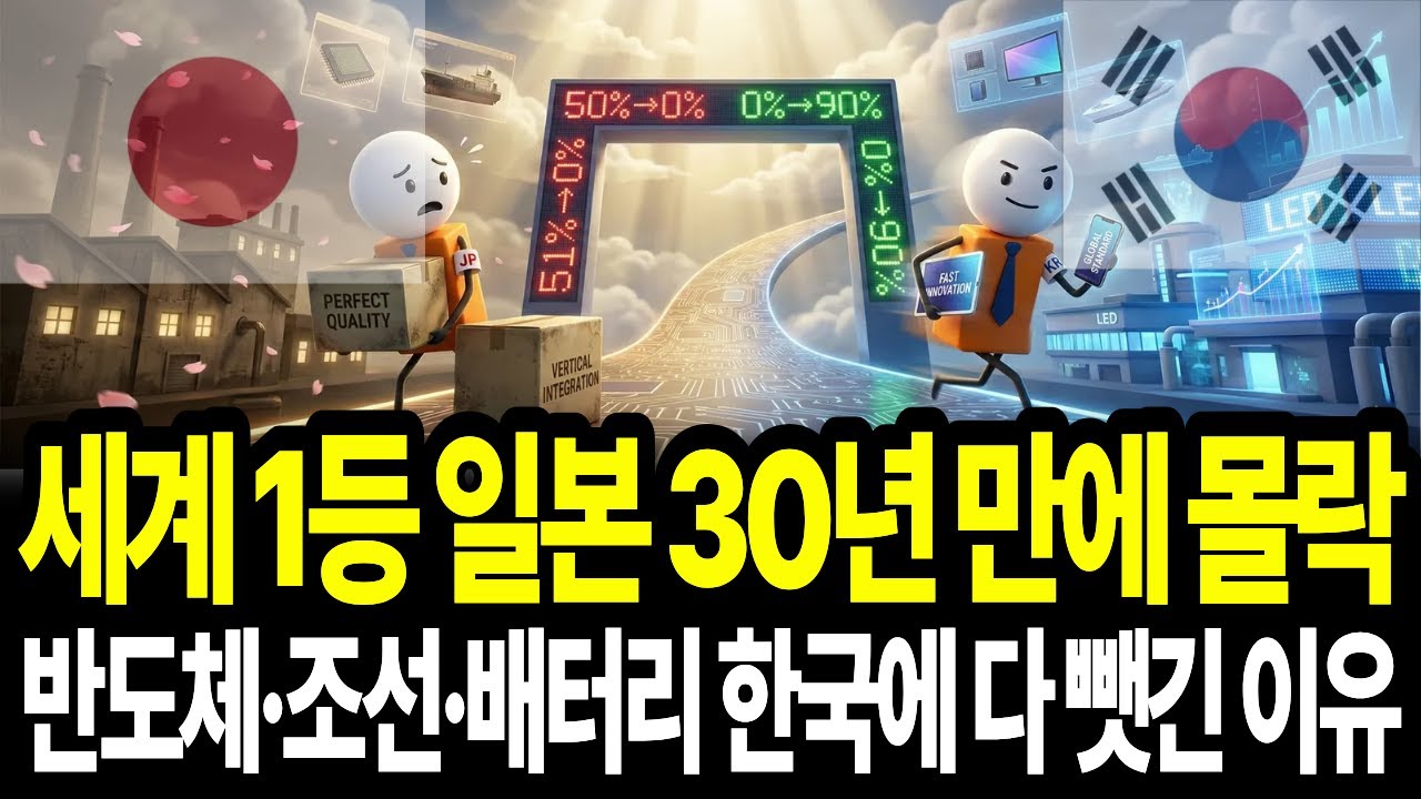 세계 1등 일본 기술 30년 만에 몰락 반도체·조선·배터리 한국에 다 뺏긴 이유..세계 최고 기술 강국이었던 일본이 삼십년 만에 한국에게 완전히 추월당했습니다.