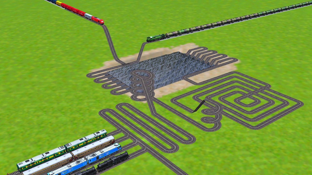 4 TRAINS PASSING FOR SQUARE RAILROAD TRACK ZIG ZAG TRACKS RISKY TRACKS || trains beamng 