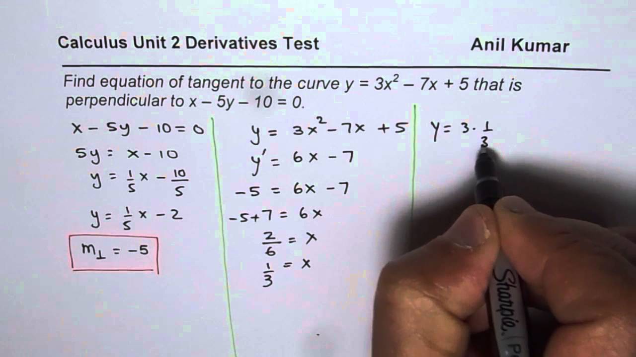 Derivatives Application Find Equation of Tangent Perpendicular to Given Line