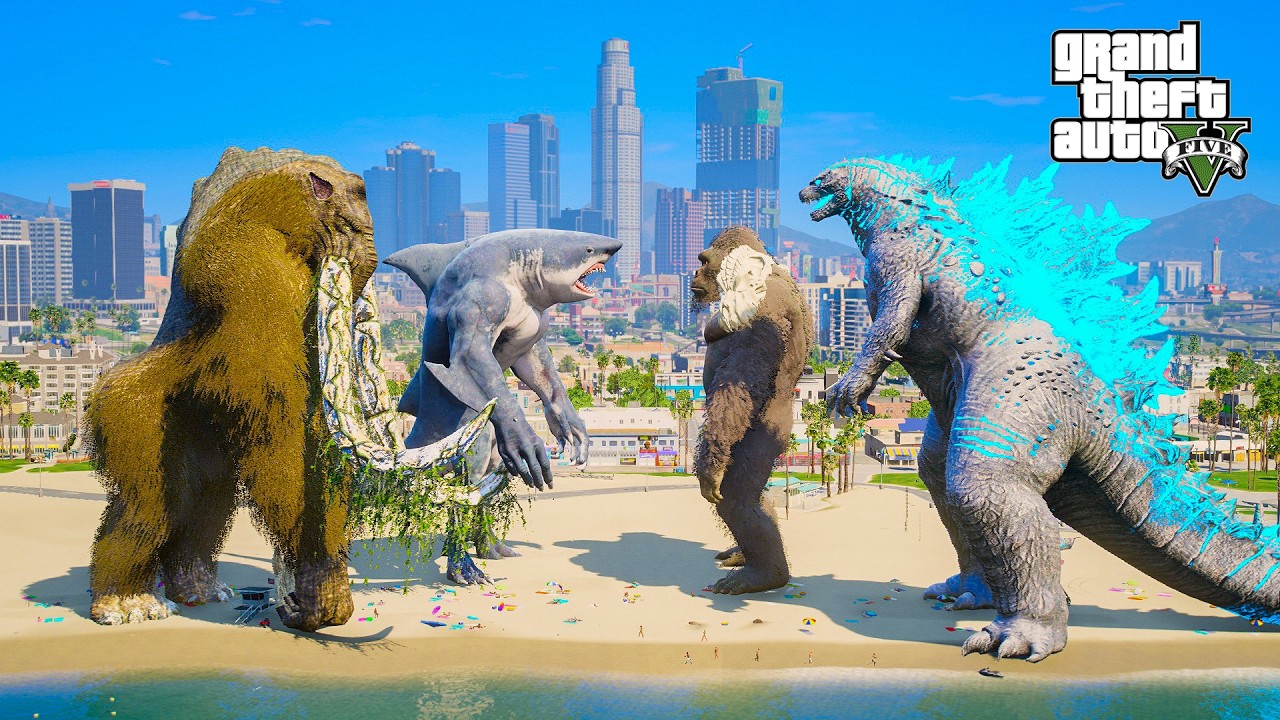 GTA 5 GODZILLA & KONG vs MUTANT SHARK & BEHEMOTH! EPIC MONSTER BATTLE