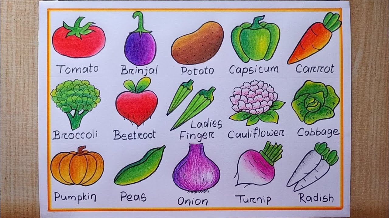 How to draw Different types of Vegetables step by step| Vegetables chart drawing for Project making