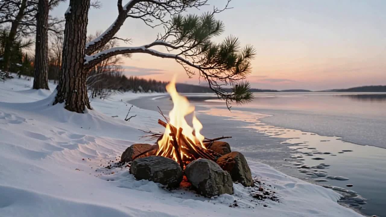 Campfire by a Frozen Lake at Sunset – Winter Calm & Deep Relaxation