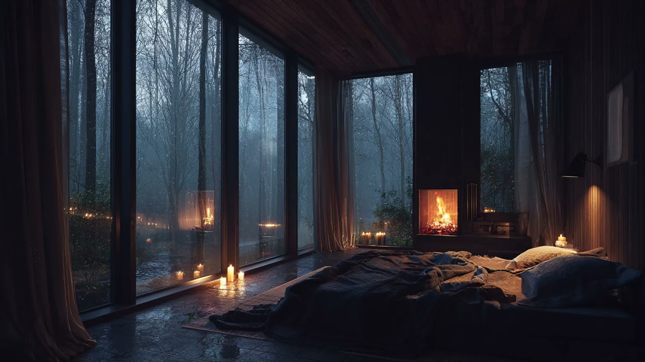 Cozy Wood Cabin Rain Night 🌧️ Heavy Rain for Deep Sleep and Calm