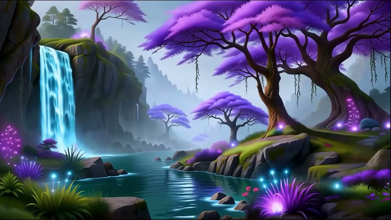 Fantasy Purple Forest Waterfall 💜 Relaxing River Sounds for Deep Calm