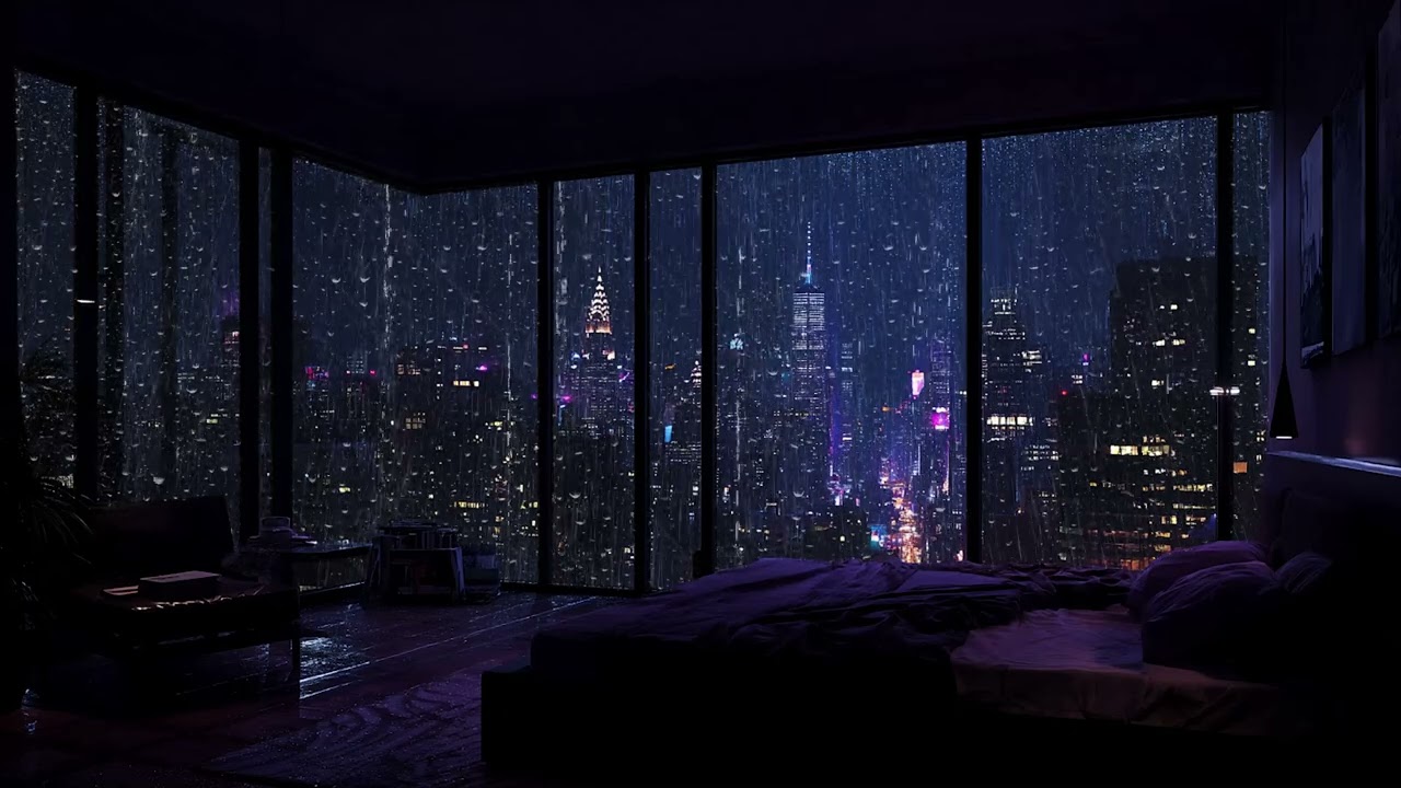 Rain Falling Over the City Skyline 🌧️ Dark Bedroom Night Ambience for Deep Sleep and Relaxation