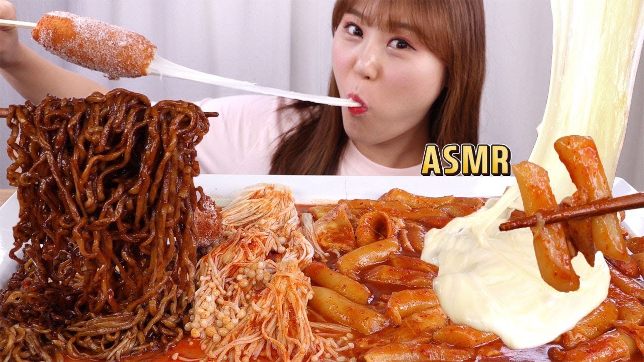 ASMR Mukbang｜엽기떡볶이 초보맛에 치즈 듬뿍! 짜파게티와 명랑핫도그에 팽이버섯까지 먹어보았어용~!