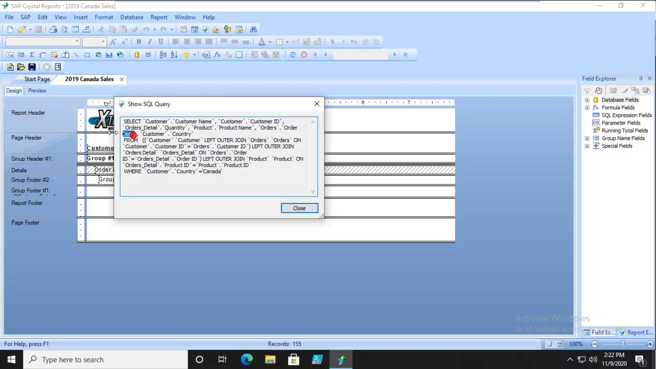 Создание поля для SQL-выражения в Crystal Reports 2020