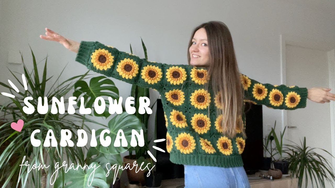 🌻 КАРДИГАН КРЮЧКОМ, СВЯЗАННЫЙ КРЮЧКОМ С ПОДСОЛНУХАМИ И БАБУШКИНЫМ КВАДРАТОМ | схема вязания крючк...