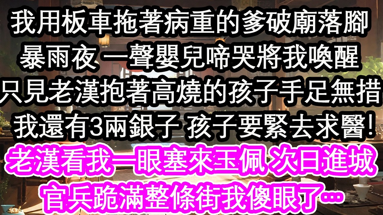我用板車拖著病重的爹破廟落腳暴雨夜 一聲嬰兒啼哭將我喚醒只見老漢抱著高燒的孩子手足無措：我還有3兩銀子 孩子要緊去求醫！老漢看我一眼塞來玉佩 次日進城官兵跪滿整條街我傻眼了…【花開】【愛情】【生活】
