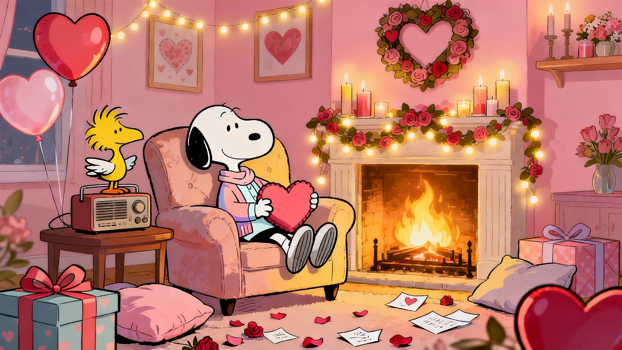 Fireplace Valentine Evening with Snoopy 💖 | Cozy Lofi Music for Focus, Study & Warm Relax
