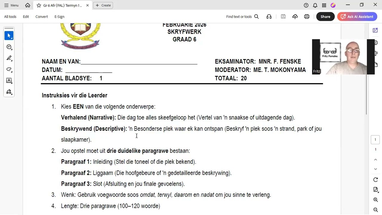 Graad 6 Afrikaans EAT: Hoe om 'n opstel te skryf.  Februarie '26 Assessering.