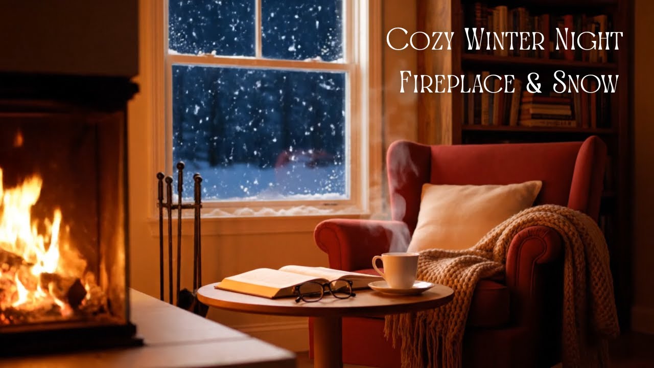 Cozy Winter Night 🔥 Fireplace & Snow | 4K Relax