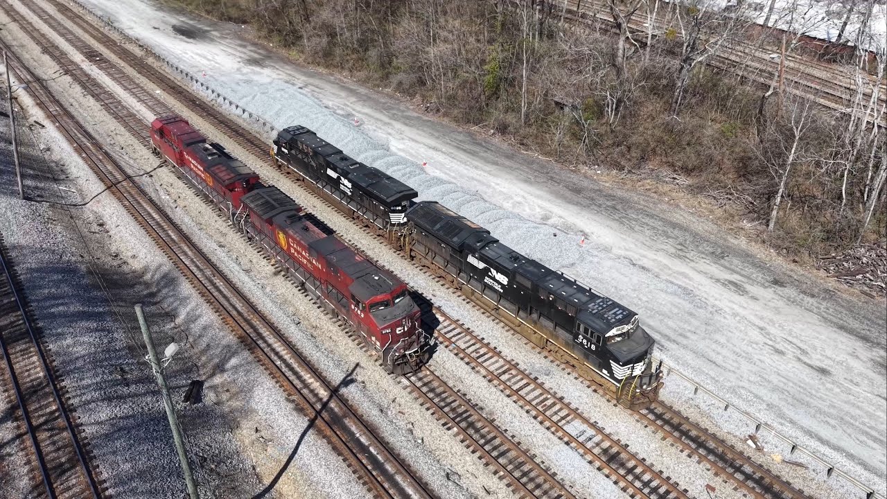 The Transfer Backs Away, Light NS and CP Units, Multiple Stacks Meet Stacks and a Freight