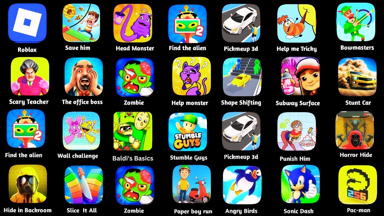 Spranky,Roblox,Scary Little Prankster,Red Ball 4,Stumble Guys,Hide in Backrooms,Sonic dash,Save him