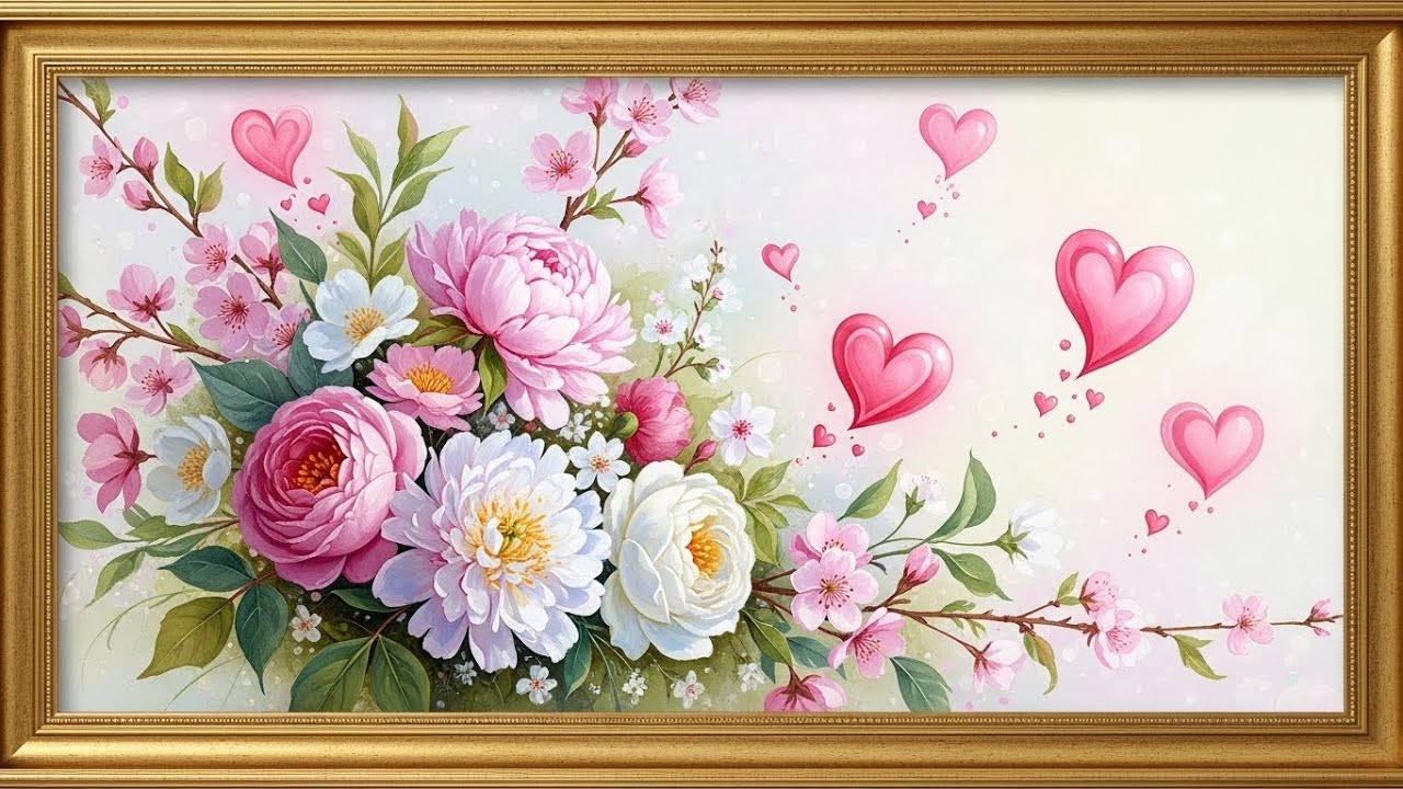 Frame TV Art with Music: Whimsical Pink Peonies & Hearts | Samsung Frame TV Art | Aesthetic Floral