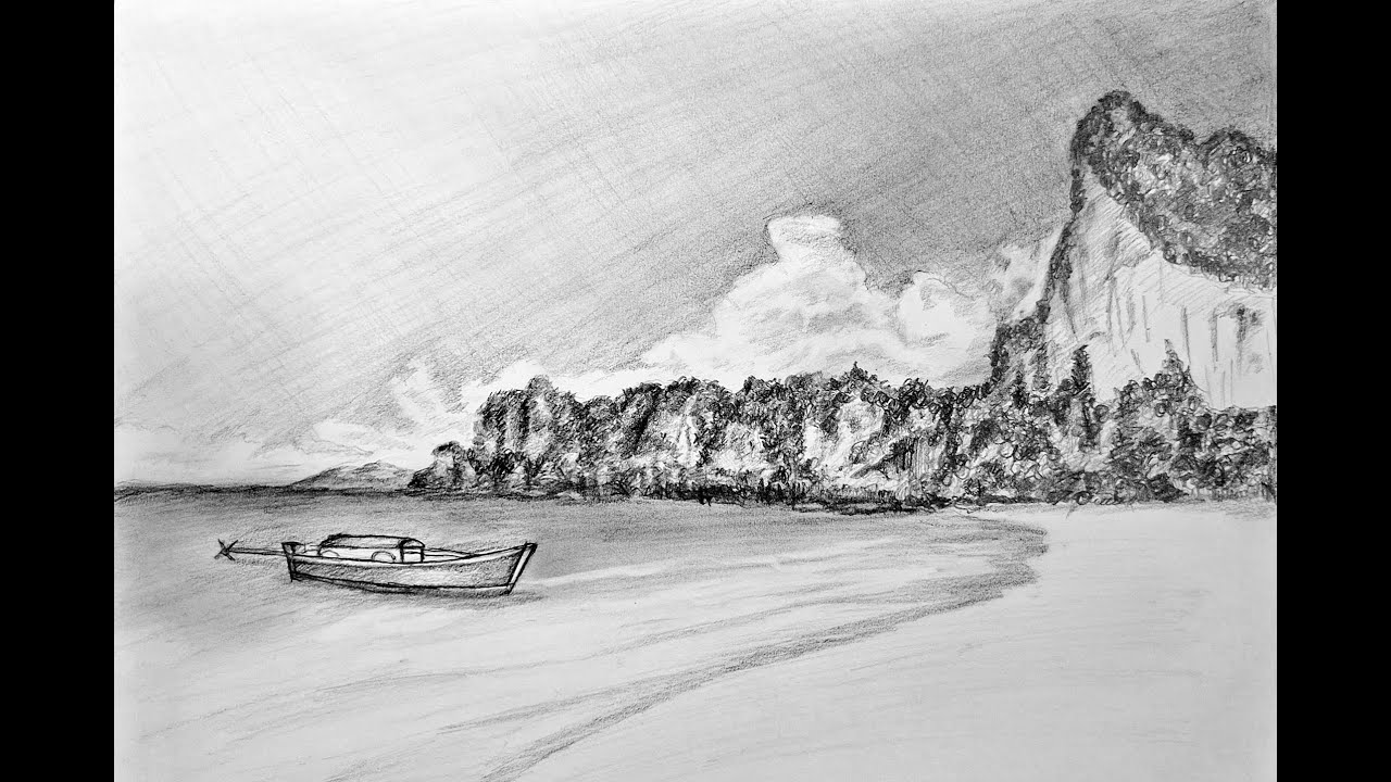 How to Draw of Quiet Beach and Boat | Relaxing Landscape Beach