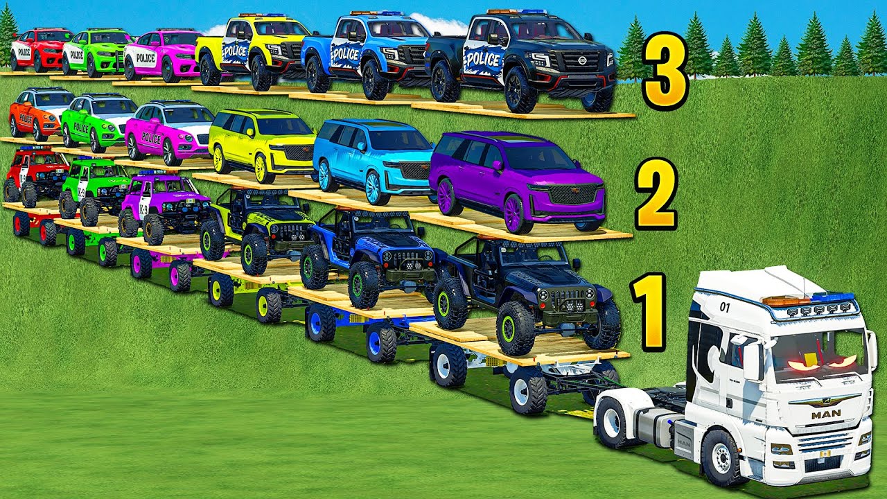 OVERSIZED TRANSPORT OF COLORS! TRIPLE TRAILERS COPS TRANSPORT WITH MAN POWER TRUCK! FS 25
