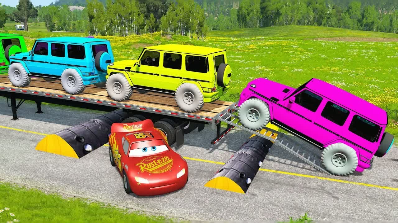 Flatbed Truck McQueen | Transportation with Truck - Pothole vs Car #74| BeamNG.Drive Gameplay