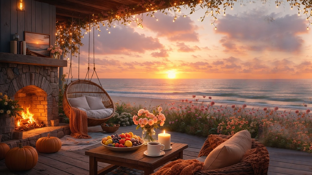 🌸 Cozy Spring Coastal Porch 🌊🔥 | Ocean Waves & Fireplace Warmth [no mid roll ads]