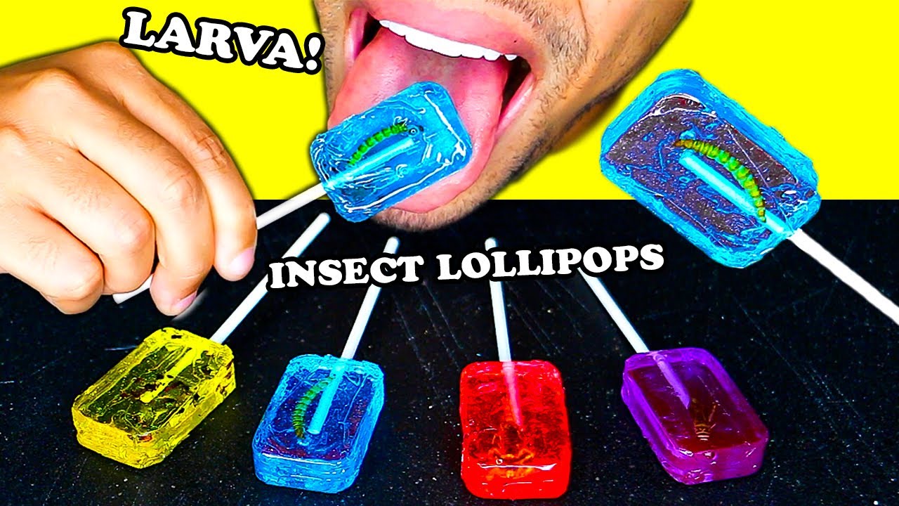 ASMR CANDY LOLLIPOPS *LARVA WORM* INSECT INSIDE SUCKER SUCKING LICKING MUKBANG CHALLENGE PT2