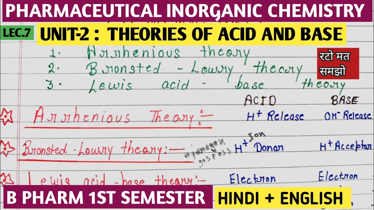 Theory of acids,bases।। Arhenious theory ।। Bronsted-lowery theory ।। Lewis theory ।। B.pharma 1st .