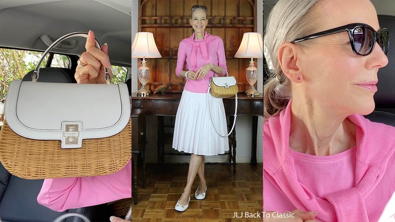 Vlog: Kate Spade Wicker Bag, Pink Tee, Cardigan, White Skirt; Lunch Jane's, Third St  S, Naples, FL
