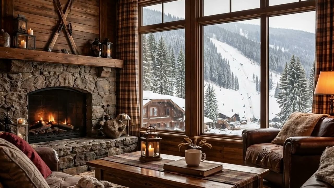 Cozy Winter Ski Lodge  Fireplace Sounds & Light Jazz Music Background