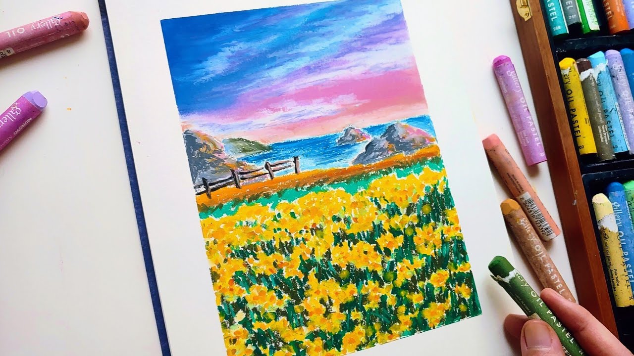 Oil Pastel landscape #33 / How to draw flower Field for Beginners _ Healing Drawing