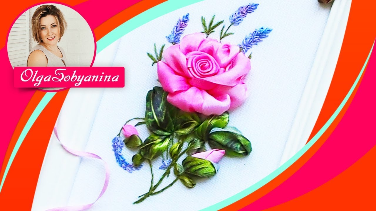 Вышивка лентами Розы с необычными листьями 🌹