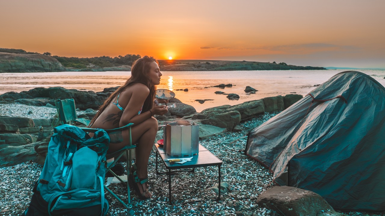 Solo Camping on the Beach with My Dogs. Relaxing Sound of Sea Waves ASMR