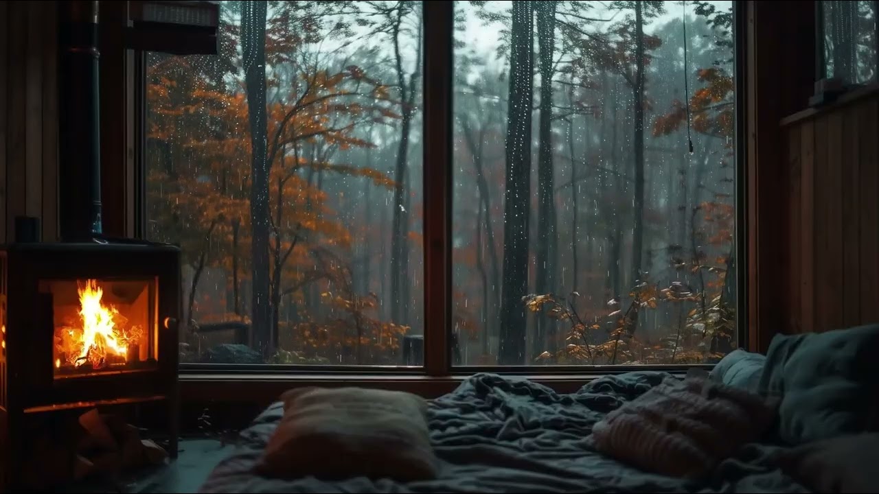 Cozy Autumn Afternoon Rain 🍂🔥 Fireplace Ambience for Relaxation