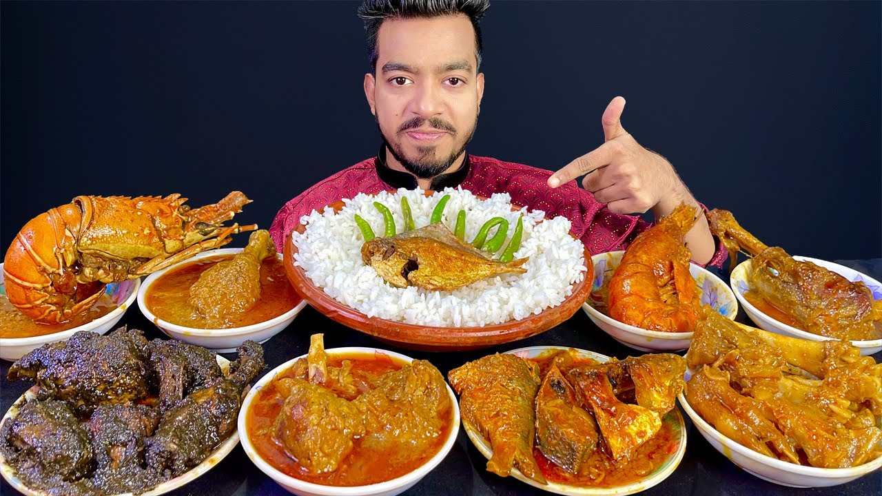 ASMR MUKBANG | SPICY MUTTON CURRY,GIANT LOBSTER,PRAWN CURRY,FISH CURRY,CHICKEN LEG PIECE EATING SHOW