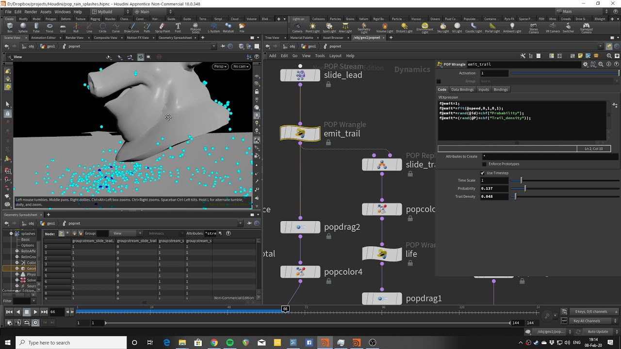 Houdini 18 rain splashes and streams