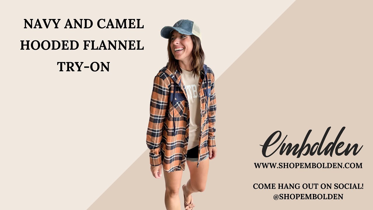Navy and Camel Hooded Flannel Shirt Try-On | Women&rsquo;s Fall Clothing