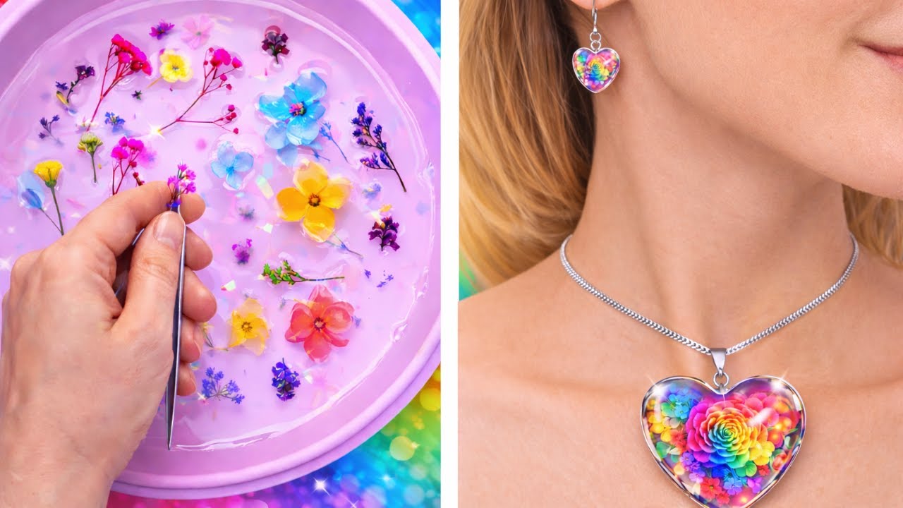 🌈✨ DIY 무지개 꽃 보석! 꽃잎에서 화려한 레진 목걸이와 귀걸이로 변신 by 123 GO!💖🌸