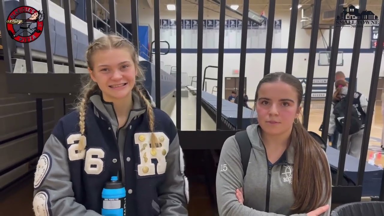 Rootstown Rovers Colbie Curall, Bailey Kidd & Coach Joe Leonard after their 68-55 win over Mogadore