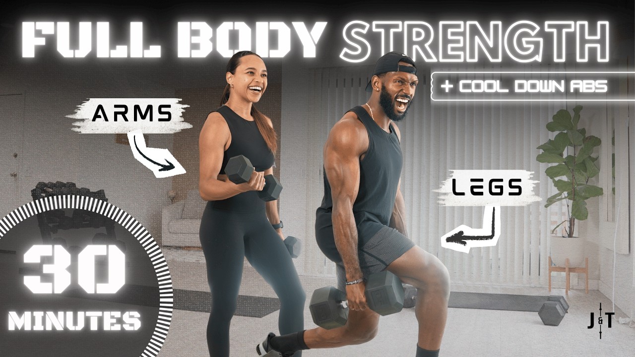 30 Minute Full Body Dumbbell Heavy Strength Workout [+ Cool Down Abs]