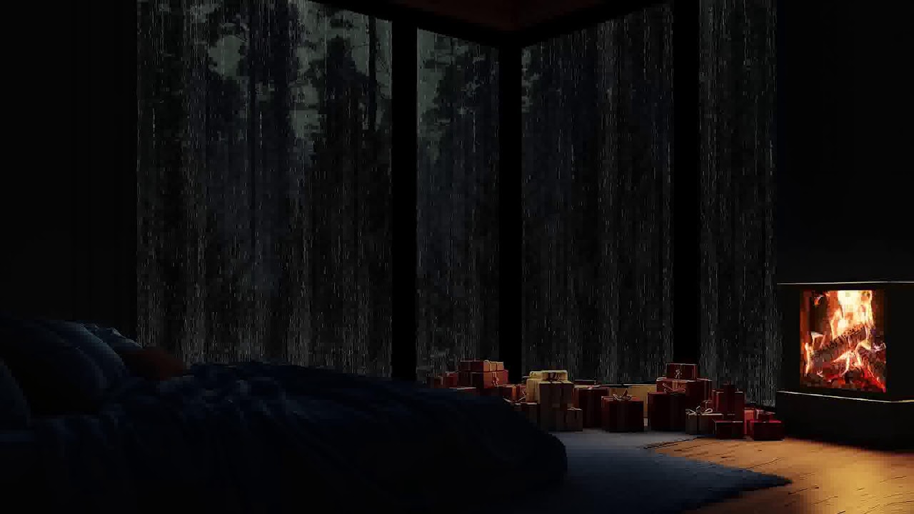 A lonely night in a forest cabin as rain softly echoes through the trees