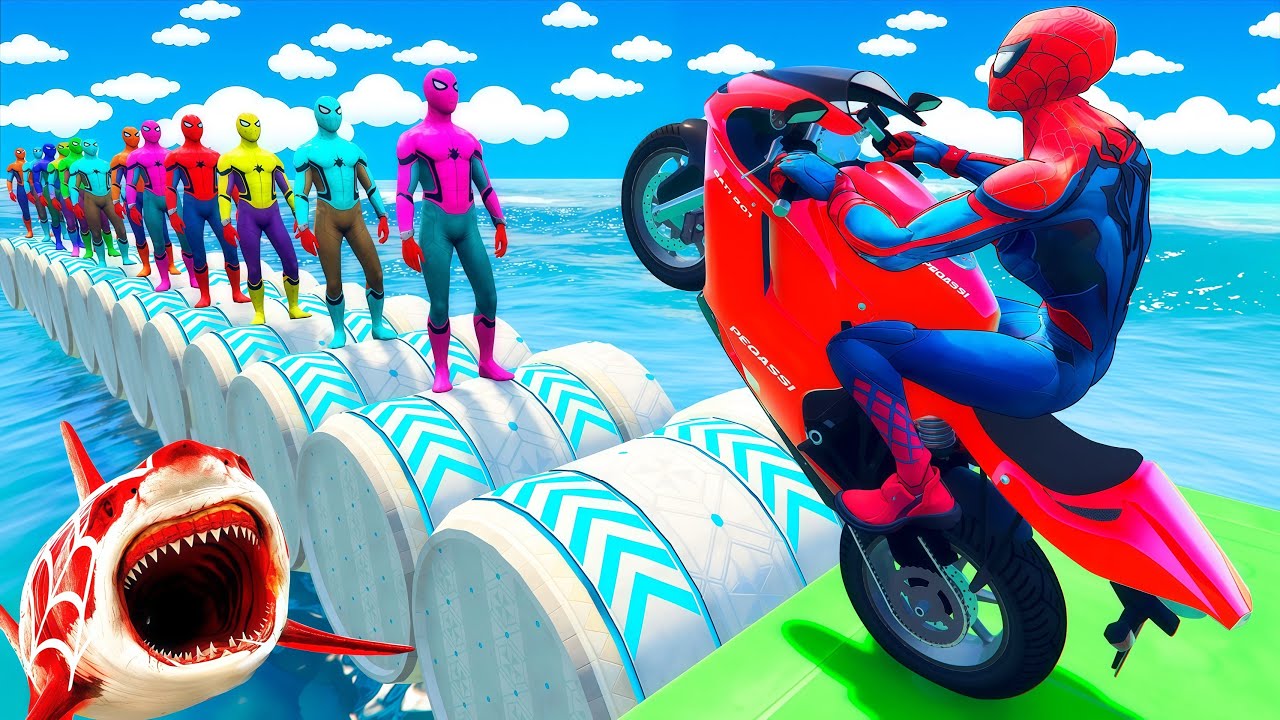 الأبطال الخارقين على القضبان دوامة قمع جسر 🕷️🏍️ RAINBOW SPIDER MAN! on Motorcycle in Spiral Bridge