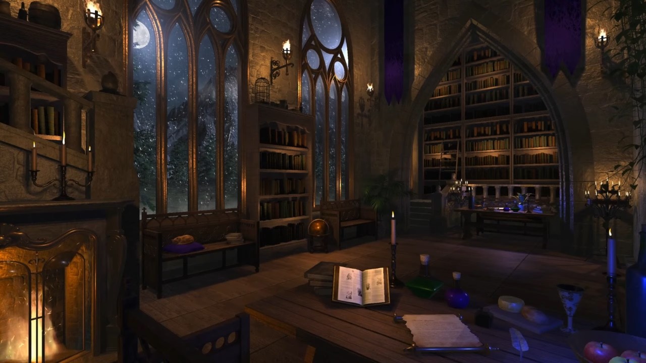 Medieval Library | Rainy Night Ambience | Fireplace, Wind, Rain & Thunderstorm Sounds
