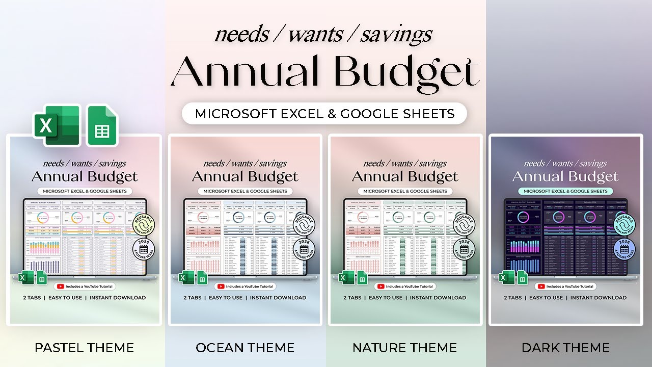 Annual Budget Planner - Needs / Wants / Savings - Excel and Google Sheets