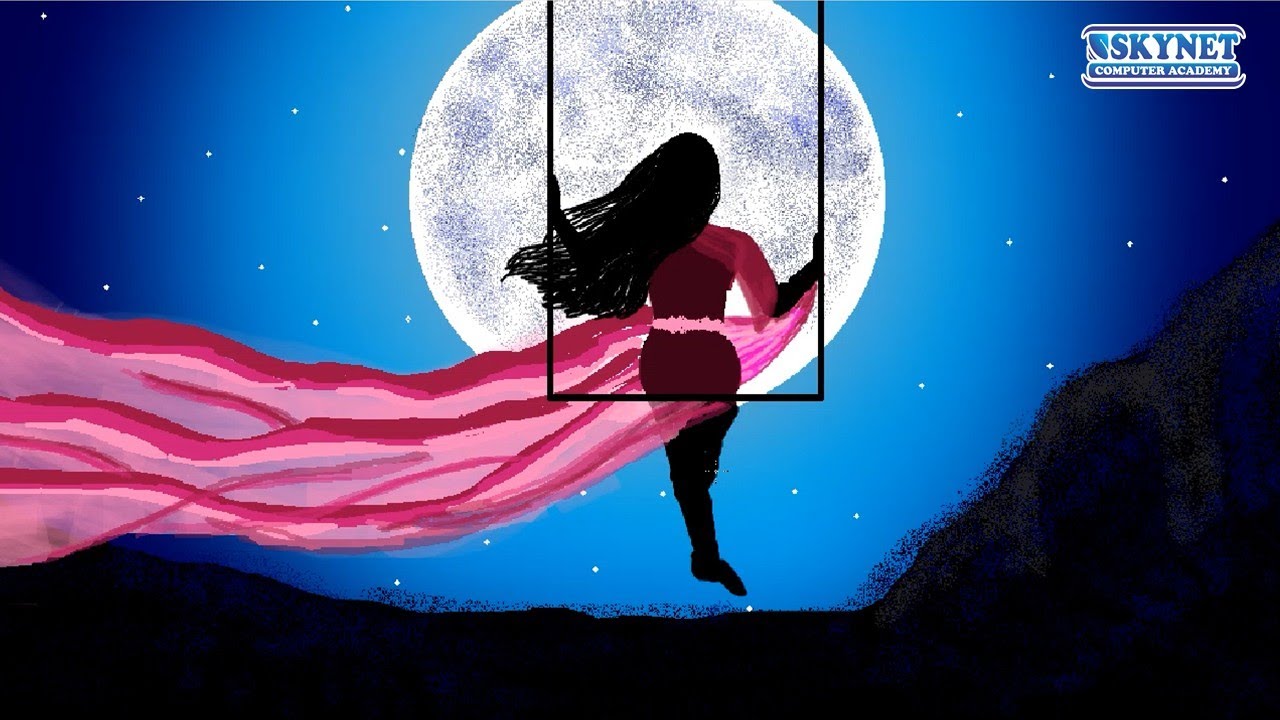Girl with Moon Swing Silhouette Drawing in MS Paint | Easy Night Scenery Art #drawing
