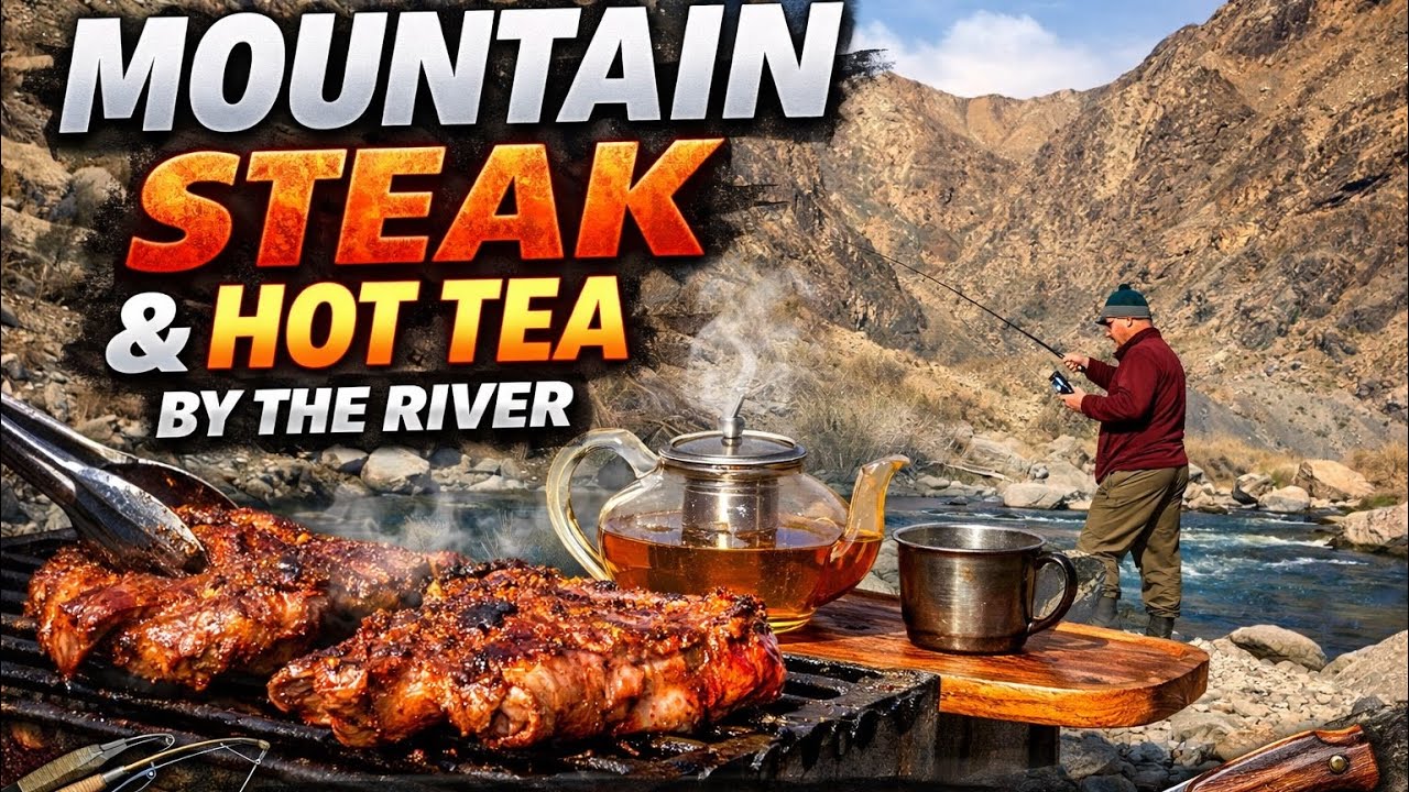Mountain Steak & Hot Tea by the River | Outdoor Cooking, Fishing & Relaxing Nature Sounds 