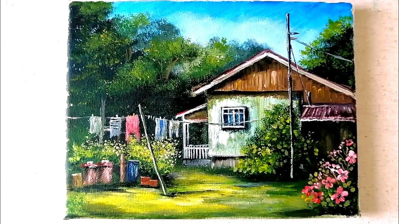 Acrylic Painting / House and Backyard / Using 4 colors Landscape Scenery #art #drawing #diy #laundry