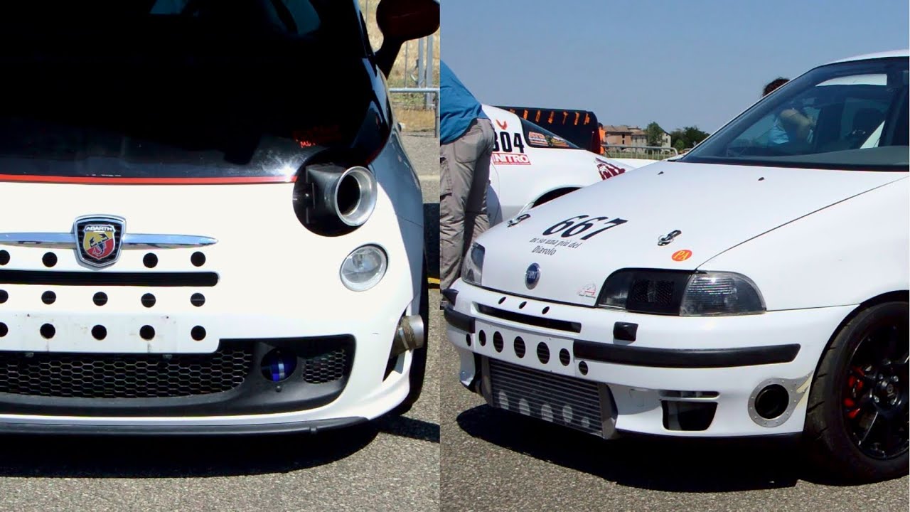 500 Abarth vs Fiat Punto GT drag race - Crazy antilag & turbo sound
