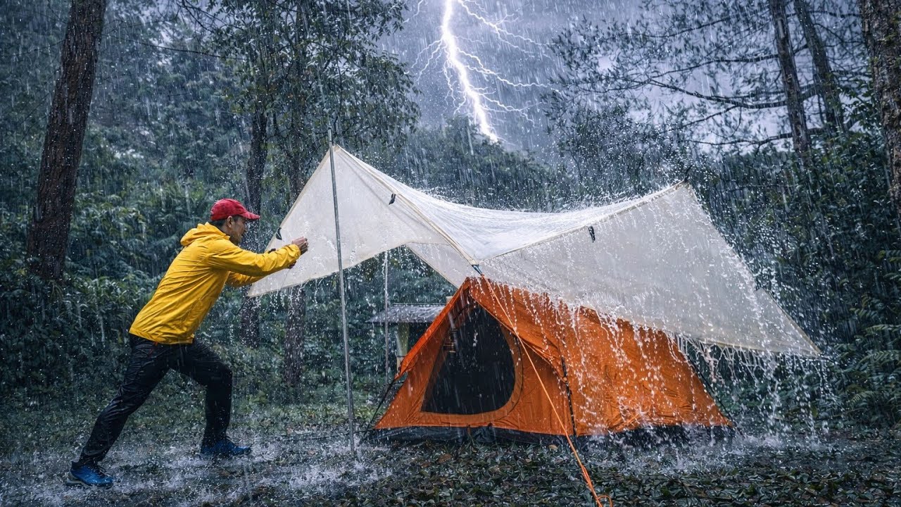 A Torrential Downpour⛈️‼️Solo Camping In Heavy Rain And Thunderstorm, Rain Sound Relaxing