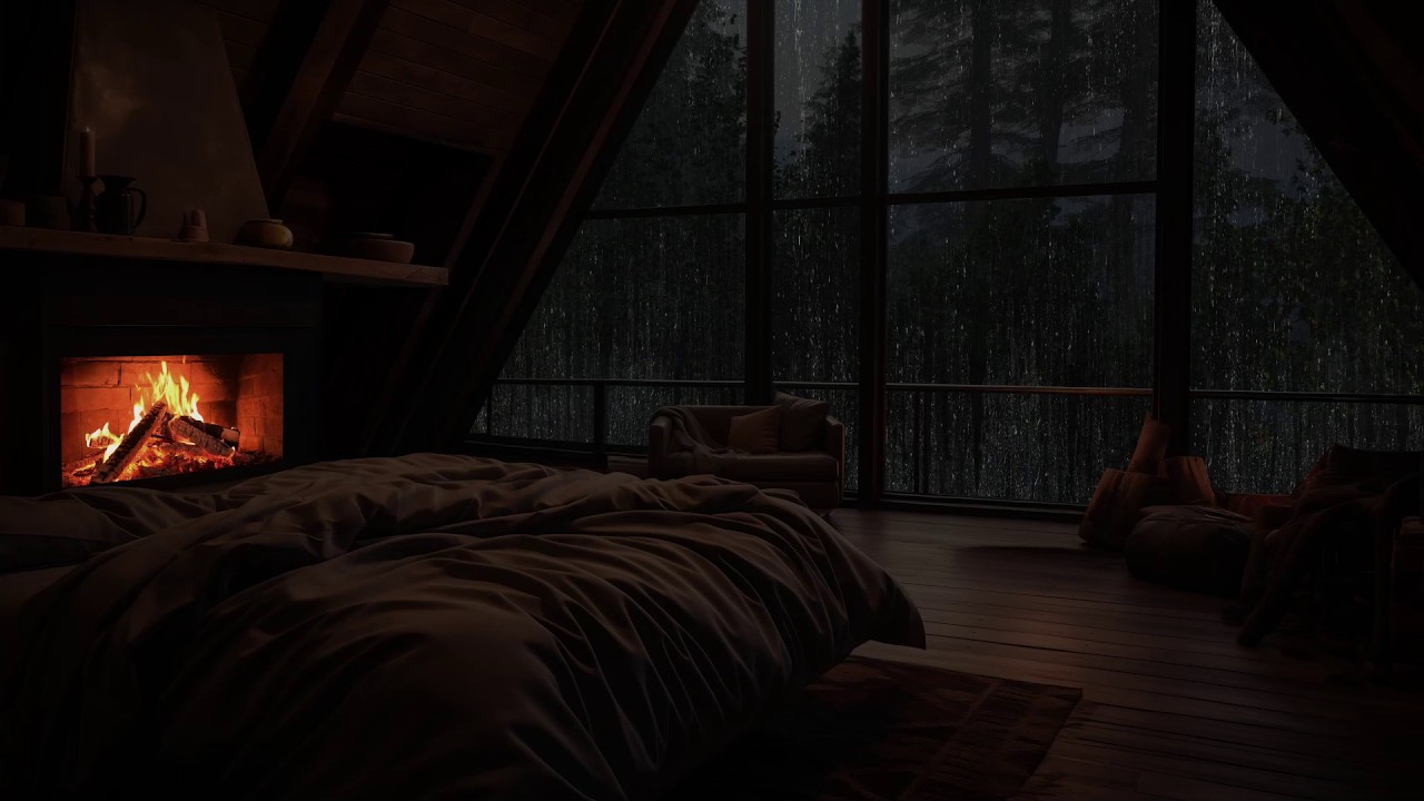 Sótão acolhedor com lareira e chuva na floresta tropical para dormir bem e relaxar