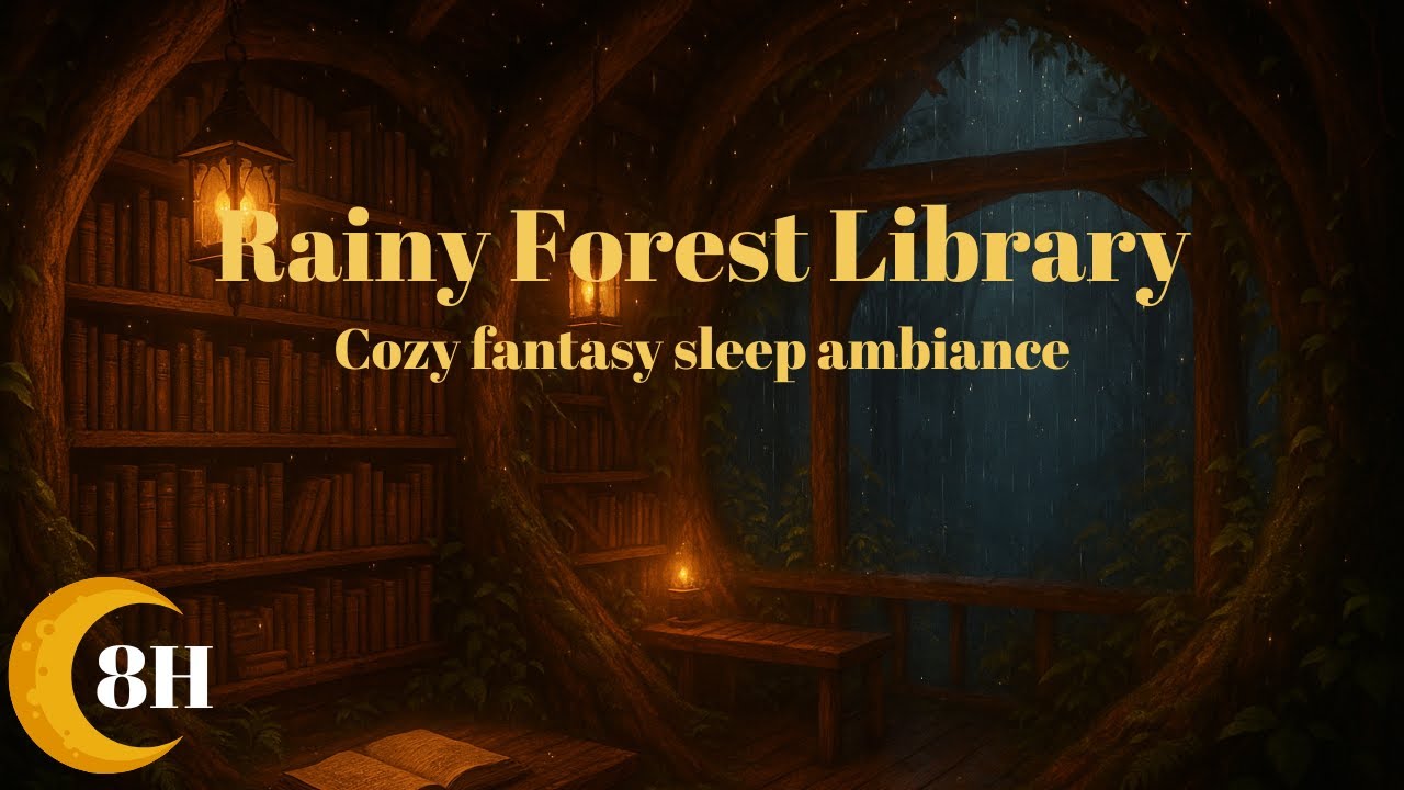 Rainy Forest Library Ambience for Sleep | Cozy Books, Thunder & Page Turning Sounds (8 Hours)