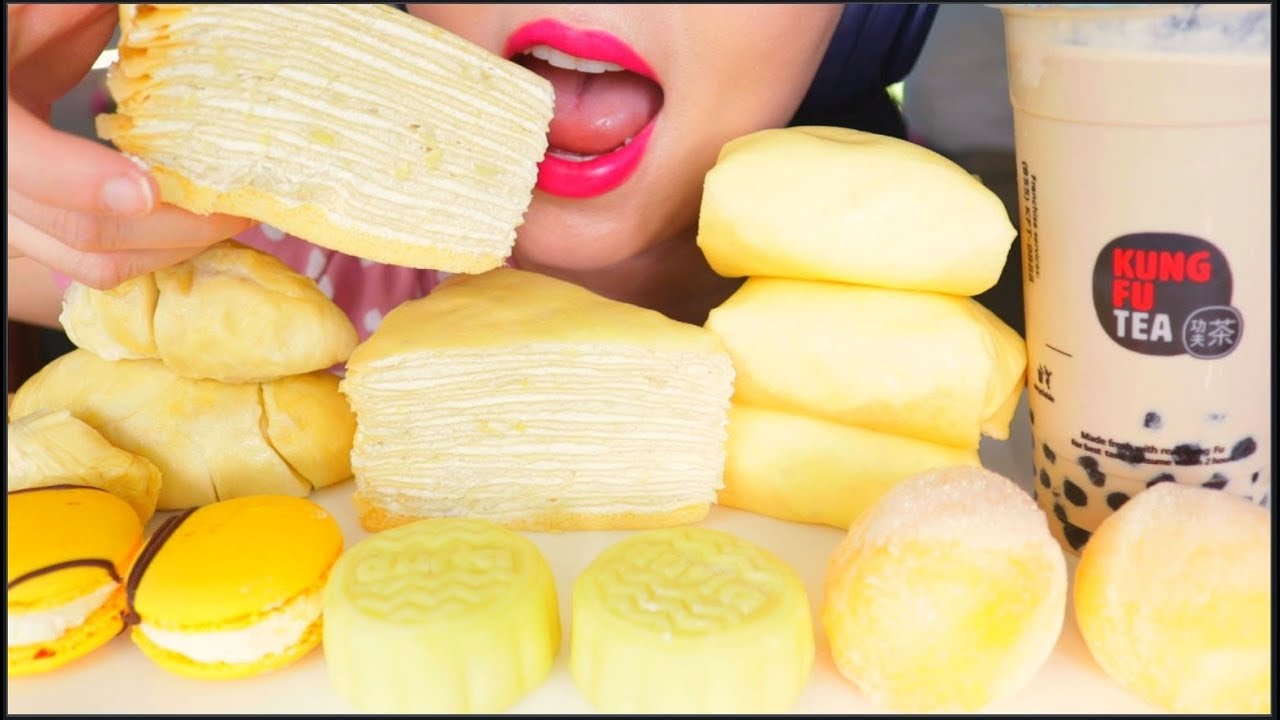 ASMR DURIAN EVERYTHING | YELLOW FOODS, ICE CREAM MOCHI, CREPE CAKE, MACARON, BUBBLE TEA, MOON CAKE